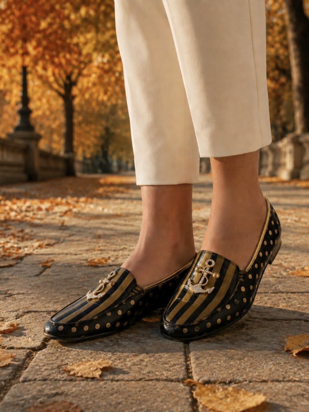 Miss Tesea Italian Leather Nautical Loafers Gold Polka Dot Striped Anchor 40